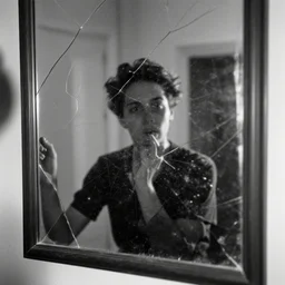a black and white photo of someone stuck inside a broken mirror, 1 9 4 0 s, scratched, damaged photo