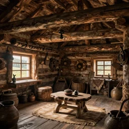 detailed ultrarealistic photo of medieval hunter's log cabin interior