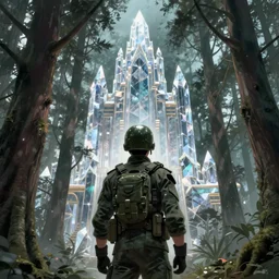comic book cover of soldier in forest looking up at crystal temple, highly detailed, professional digital painting, Unreal Engine 5, illustration, HD quality, 8k resolution, cinema 4d, 3D, cinematic, professional photography, art by artgerm and greg rutkowski and alphonse mucha and loish and WLOP