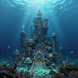 masterpiece artwork of a underwater city on a aguarium, hyper detailed, art, trending in artstation, behance, deviantart, art style by kim jung gi and greg rutkowski