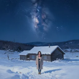 a beautiful girl in a coat and bra snow - covered small house, night, stars in the sky, the milky way in the sky, winter landscape, painting by craig mullins, octane rendering, wide angle lens, in the style of hayao miyazaki, trending on artstation,