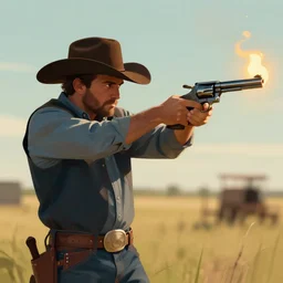 a cowboy wearing a cowboy hat and shooting a revolver into the air. digital art. trending on artstation.