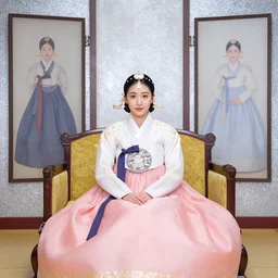 a young queen elizabeth sitting on a joseon dynasty style throne, classy, silver glitter background with triptychs