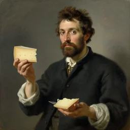 a man holding a slice of cheese in each hand, painting in the style of manet