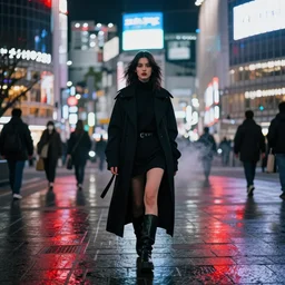 dark hair girl dressed by rick owens walking through shibuya lit by neons, night time, cinematic lights, octane render, 4k, highly detailed, glows, reflections, red leds, smoke