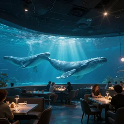 Cyberpunk restaurant under water with whales, black ceiling and people inside the restaurant. Rays of light shines through the water. Cinematic, ArtStation, realistic photograph, ambient, rays, lens flares. Unreal Engine, Blender, Maya, rendered by Octane, Arnold.