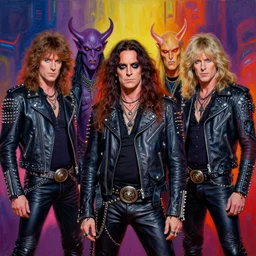 black sabbath as apocalyptic demonic orc goblin biker characters posing in a professional band photo, psychedelic vibrant colors, futuristic punk rock fashion, oil painting by michael whelan art, sharp focus, realistic, detailed eyes, studded leather jacket, ozzy osbourne, tony iommi, bill ward, geezer butler