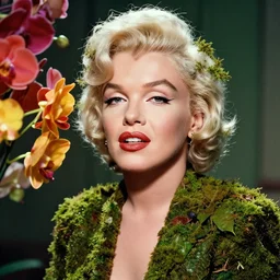 colorful photograph of Marilyn Monroe lookalike in year 2032 covered in leaves and moss with half her face is flowers high definition, extremely highly detailed