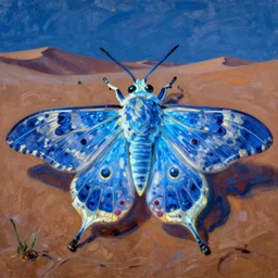 close up of the glowing moth man of the namibian desert. a symphony in blue and white. painting be henri rousseau, yves yanguy, monet
