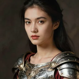 close - up portrait of beautiful model dressed gladiator with metallic armor, art by nobuyoshi araki