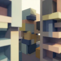 abstract geometric art made of boxes of varied sizes and colours, arranged like modern architecture, three point perspective, shallow focal lens, analogous complementary colour scheme, hyperrealism, octane render