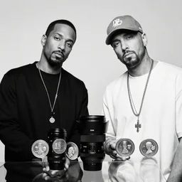 a photograph of 5 0 cent and eminem in the studio, black and white photo, sigma 3 5 mm
