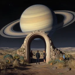 a portal to another dimension, in front of landscape with saturn satellite, by dan mumford, moebius, sss, barclay shaw, karol bak, surreal, highly detailed, artstation, smooth, sharp focus, by greg rutkowski, 8 k