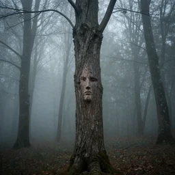a tree with a face in the bark, in a foggy forest, liminal spaces, eerie