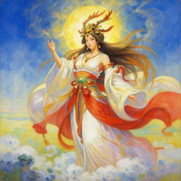 painting of a beautiful rendition of the mythical character amaterasu, the sun goddess in the high plains of heaven, illustration, artistic, colorful, hyper detailed, in the style of greg rutkowski,