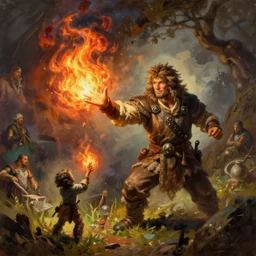 beautiful painting of a very short and small male halfing bard from pathfinder, casting fireball, painted by larry elmore, wayne reynolds, greg rutkowski, magic the gathering, dungeons and dragons,