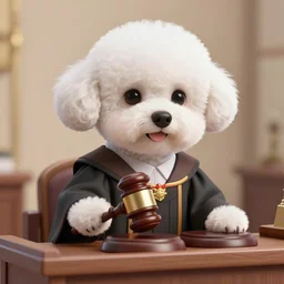 a closeup photorealistic illustration of a bichon frise wearing a justice gown and holding a gavel at the bench. this 4 k hd image is trending on artstation, featured on behance, well - rendered, extra crisp, features intricate detail and the style of unreal engine.