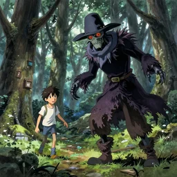 professionally painted anime art piece by yuji ikehata and satoshi kon, of an evil living scarecrow hunting lost travellers in the woods
