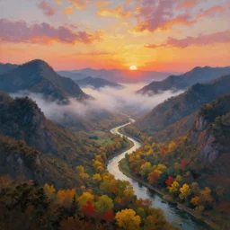 The most beautiful panoramic landscape, oil painting, where the mountains are towering over the valley below their peaks shrouded in mist. The sun is just peeking over the horizon and the sky is ablaze with colors. The river is winding its way through the valley and the trees are starting to turn yellow and red, by Greg Rutkowski, aerial view