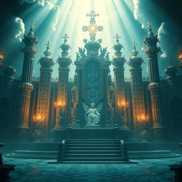 the all - beneficent settled on the throne, ferdinand knab art, heaven lighting, long shot, highly detailed, 8 k, octane render