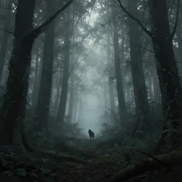 saci perere, folklore, digital art in the style of kazuha fukami, dark forest, fog, distant lone wolf silhouette