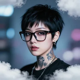portrait of a korean lady with a pixie cut hair, hoyden, goth emo, tattoo on neck, thick glasses. kpop. len blur background bokeh. art by ismail inceoglu and filip hodas. clouds by rhads.