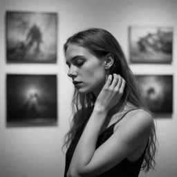 birth is a curse and she hasn't forgot that pain is another way of falling asleep, she is 2 1, skinny and beautiful, she listens to oathbreaker, award winning photography displayed at foam, calm and elegant photo, black and white, the background is infected, insanely detailed, close up, foggy like in norwegian black metal aesthetic