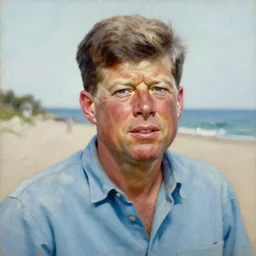 far portrait of john f kennedy, wrinkled, grey hair, on nantucket beach, handsome, casual shirt, oil on canvas by william sidney mount - 1 9 8 2, trending on artstation