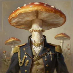 portrait of a mushroom!!!!!!!!!!! ( ( ( ( humanoid ) ) ) ) wearing a formal military outfit, science fantasy painting, elegant intricate digital painting artstation, greg rutkowski and alphonse mucha, detailed