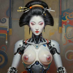 ultra realist soft painting of a single attractive cyborg geisha female sillicon skin armored, curiosities carnival, symmetry accurate features, very intricate details, focus, curvy, artstyle Hiraku Tanaka and Tom Bagshaw, award winning