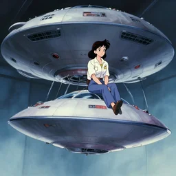 a film still of a 1 9 5 0's mechanic anime girl sitting on top of flying ufo landing in hangar of giant ufo spaceship, intricate linework, finely detailed features, full body mid shot, perfect art, trending on pixiv fanbox, painted by gaston bussiere, makoto shinkai, akihiko yoshida, gaston bussiere, craig mullins
