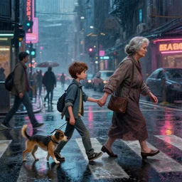 a matte painting of a young boy and his pet dog helping an old woman to cross a busy bladerunner street, rainy evening, water reflection on the floor, neon . digital painting by Greg Rutkowski and James Gurney, trending on Artstation, highly detailed