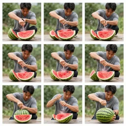 a 3 by 3 array of a man hitting a watermelon with his fist