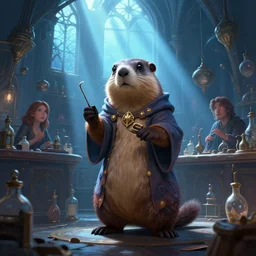epic professional digital art of marmot wizard in apothecary lab with god light streaming through upper windows, light blue ambient light, painted, magical, mythic, detailed, intricate, leesha hannigan, wayne haag, reyna rochin, ignacio fernandez rios, best on artstation, cgsociety, epic, stunning, gorgeous, much wow, cinematic
