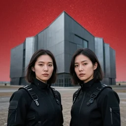 cinestill 5 0 d photograph of 2 women wearing black techwear in front of a brutalist sharp - edged metal building, closeup, on a desolate plain, red glitter sky, sigma 8 5 mm f / 1. 4, 4 k, depth of field, high resolution, highly detailed, 4 k, 8 k, hd, full color, raw, unedited