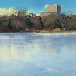 gouache matte painting!!!, ice skating area, empty ice frozen lake ground panorama, trees and brooklyn in far distance, dramatic daytime, cinematic angle, studio ghibli, makoto shinkai, pixar painting, cinematic lighting, detailed gouache painting, brushmarks
