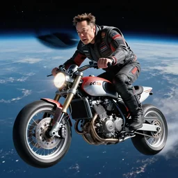 elon musk riding motorcycle in space, hd photo