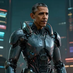 barack obama as a cyborg in cyberpunk 2 0 7 7, technological, movie footage, high - tech, still frame