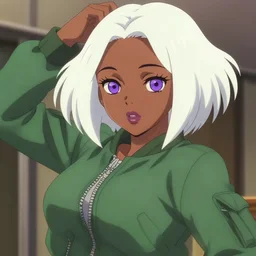 anime poster film still portrait, african american young woman, purple colored eyes, white french bob, green colored bomber jacket, detailed facial features, dynamic pose, cute face by ilya kuvshinov, yoh yoshinari, makoto shinkai, rimlight, cel shaded, 4 k