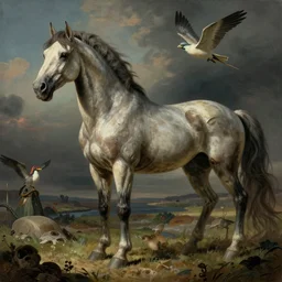 carnivorous cyborg horse, by c. leyendecker, degas, simon stalenhag, studio ghibli, barlowe, audobon and beksinski