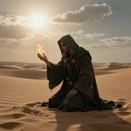 a lonely necromancer kneeling on the sand of a mercyless desert, flickering air, hot sun from above, clouds in the sky, the feeling of dread and existential terror, style of peter mohrbacher, octane render, unreal engine, 8k high definition