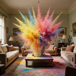 colored powder explosion in the living room, film still from the movie directed by Denis Villeneuve with art direction by Salvador Dalí, wide lens