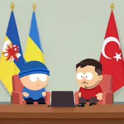 zelensky and erdogan as southpark characters, tv interview, ukraine flag, turkey flag, official