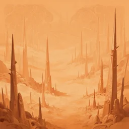 light orange wastelands, with thin tall rocky spikes, deep focus, d & d, fantasy, intricate, elegant, highly detailed, digital painting, artstation, concept art, matte, sharp focus, illustration, hearthstone, art by artgerm and greg rutkowski and laura sava and alphonse mucha