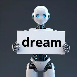 artificial intelligence robot holding a sign with text that reads :! dream