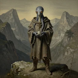 A detailed gray-eyed tentacleheaded human stands among the mountains with a pebble in hands. Wearing a ripped mantle, robe and boots. Extremely high details, realistic, fantasy art, solo, masterpiece, art by Zdzisław Beksiński, Arthur Rackham, Dariusz Zawadzki