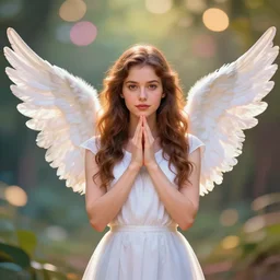 centered  waist up portrait photography an angel + bokeh + DOF + 8k, photorealistic, vibrant colors + rendered in octane + illustration by Dan Mumford