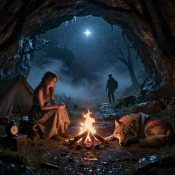 a realistic detail of a camp, a pretty girl dress clock sit in the cave, red wolf sleep next to the born fire,, abandoned, shining star, traveller, raining, mist by Julian calle, Leonardo Calamati, wlop, Beksiński, Dylan cole, Erak note, Denis Villeneuve, Ben Nicholas, Anton Fadeev, thomas kinkade, rutkowski, Finnian MacManus, Syd Mead, Trending on artstation, blue and black scheme, 8k, Unreal Engine