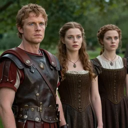 sharp, highly detailed, film from a 2 0 1 9 sci fi 8 k movie, time travelers suddenly appear in a park in 2 0 1 9, a man from the roman empire and a woman from 1 8 0 0, and a woman from 2 2 0 0, each wearing correct era clothes, atmospheric lighting, in focus, reflective eyes, 3 5 mm macro lens, live action, nice composition