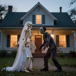 a skeleton and a zombie getting married in a house at dawn